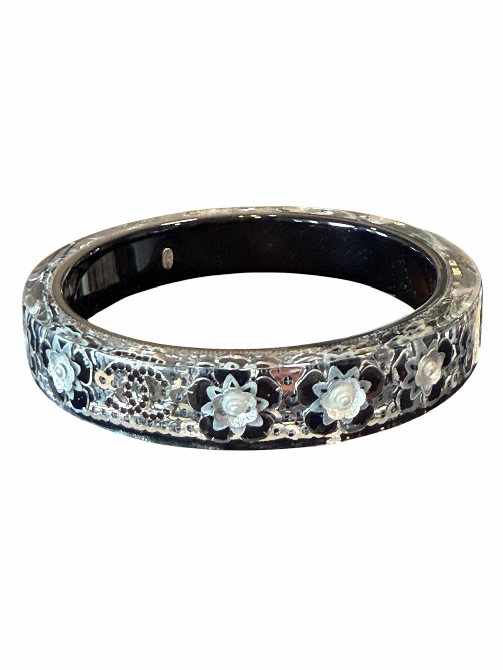 CHANEL Black and Silver Floral Bangle Bracelet